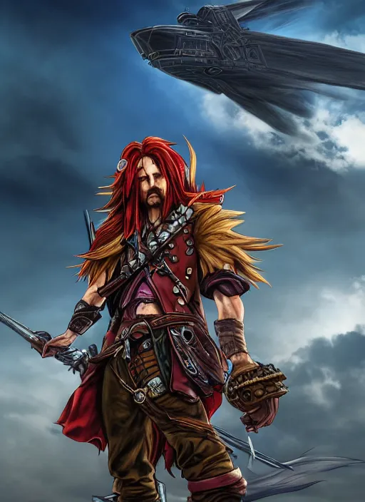 Image similar to An epic fantasy comic book style portrait painting of a long haired, red headed male sky-pirate in front of an airship yu-gi-oh style , unreal 5, DAZ, hyperrealistic, octane render, cosplay, RPG portrait, dynamic lighting