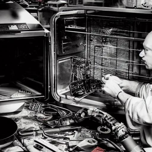 Image similar to technician repairing head of toaster oven mecha, dark messy smoke - filled cluttered workshop, dark, dramatic lighting, orange tint, cinematic, highly detailed, sci - fi, futuristic, movie still