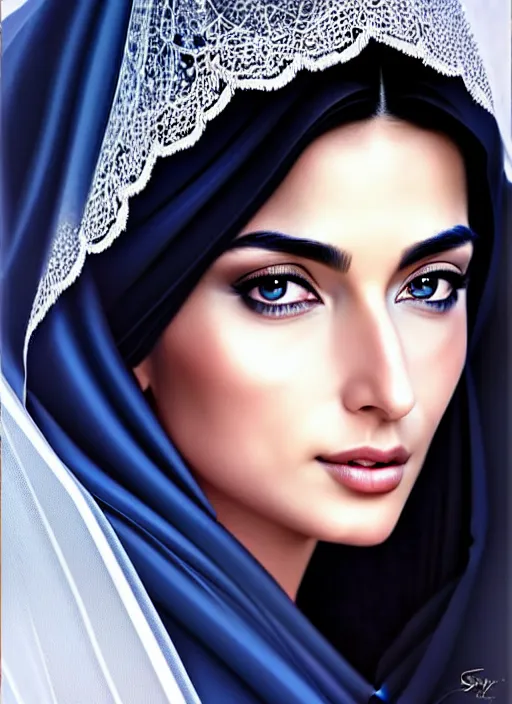 Image similar to beautiful ameera al taweel, blue eyes, long wavy black hair, white veil, in the style of stefan kostic, realistic, sharp focus, 8k high definition, insanely detailed, intricate, elegant, art by stanley lau and artgerm