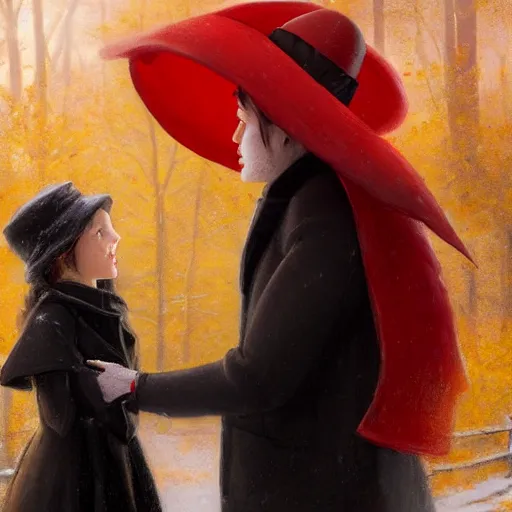 Image similar to a highly detailed epic cinematic concept art, a thin man in a black coat and bowler hat talks with small young girl who is dressed in a red coat and a red hat, park, autumn, high detail, in style of Greg Rutkowski, width 768