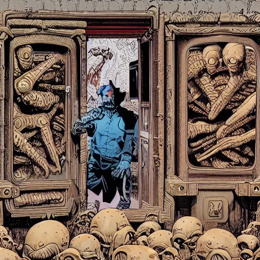 Image similar to opening a door to an impossible nightmare beyond comprehension, very very detailed painting by geof darrow and greg rutowski and hr giger