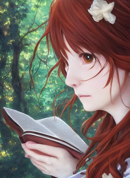 Image similar to a close up of a victorian maid with long flowing auburn hair sitting in a forest reading a book. cute anime eyes. by makoto shinkai, stanley artgerm lau, wlop, rossdraws, james jean, andrei riabovitchev, marc simonetti, krenz cushart, sakimichan, trending on artstation, digital art.