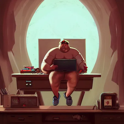 Image similar to a insanely detailed painting of a slightly overweight man wearing a homemade superhero costumed, sitting at a computer desk, nervously and clicking on the mouse, in the style of peter mohrbacher, dramatic lighting and composition, trending on artstation, concept art, comic book, graphic novel