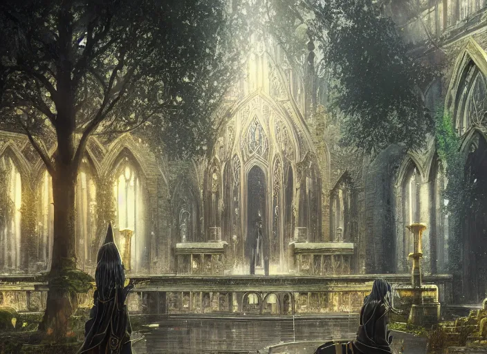 Image similar to A temple church in a beautiful elven city made of black and gold marble, anime, lush trees, fountain, a fantasy digital painting by Greg Rutkowski and James Gurney, trending on Artstation, highly detailed