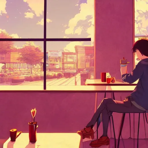 Prompt: biblically accurate angel sitting in a chair at a cafe, digital art, detailed, colourful by Makoto Shinkai
