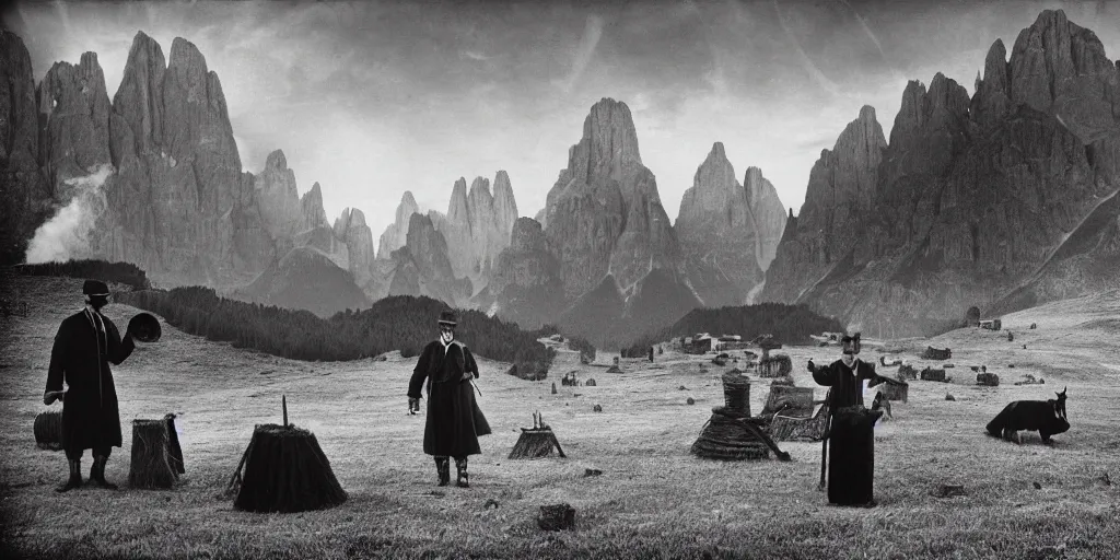 Image similar to 1920s photography of occult priests with hay coats and horn with dolomites in the background, occult signs, witch burning, pyre, solstice fire, alp, dolomites, alpine, detailed intricate insanely detailed octane render, 8k artistic 1920s photography, photorealistic, black and white, chiaroscuro, hd, by David Cronenberg, Raphael, Caravaggio