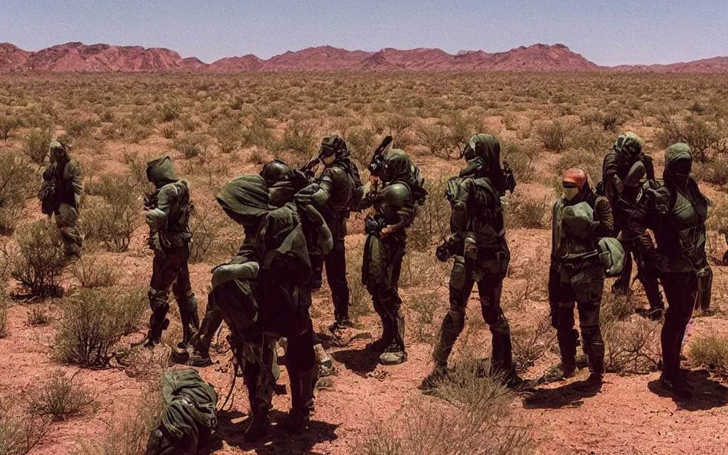 Image similar to a team of five people in dark green tactical gear like death stranding and masks, red mesas behind them, look at a desert oasis in the distance. They 're afraid. dusty, red, mid day, heat shimmering, 35mm film