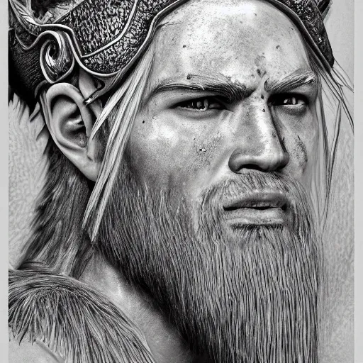 Prompt: of valhalla viking headgear with flaming red hair, fine detail, texture, extreme detailed drawing, trending on artstation, hyperreal