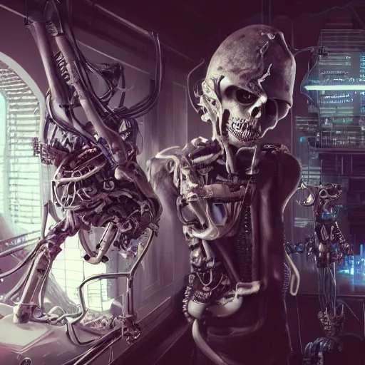 Prompt: hyper realistic photography of a anthropomorphic cyberpunk skeleton machine, in the style of Jin Kagetsu, James Jean and wlop, highly detailed, sharp focus, intricate concept art, digital painting, ambient lighting, 4k, artstation