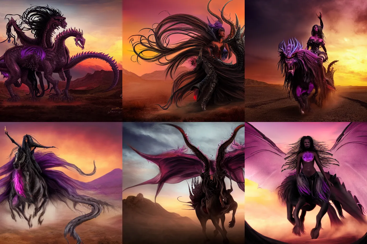 Prompt: beautiful black sorceress with purple eyes and long flowing hair, riding on the back of an enormous, roaring red dragon through the mojave desert at sunset. realistic photograph. horror fantasy in the style of lovecraft. 4 k. highly detailed.