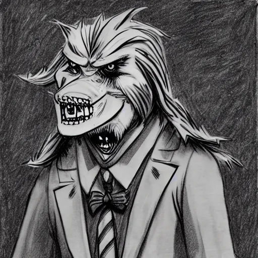 Image similar to a Pop Wonder scary horror themed goofy-hilarious-character Beethoven-werewolf-vampire, dime-store-comic drawn with charcoal and pen and ink, half-tone-line-stacking