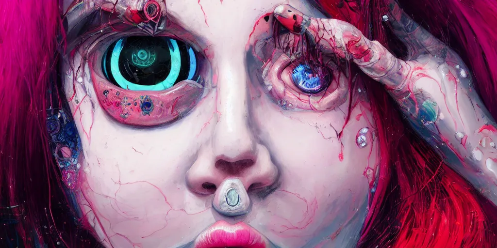 Image similar to full view portrait of a pale cyborg woman crying, in the style of jin kagetsu and james jean, background by beatriz milhazes, highly detailed, big glowing eyes, pink hair, red lipstick, face symmetry, masterpiece, sharp focus, realistic intricate concept art, dramatic lighting, 8 k