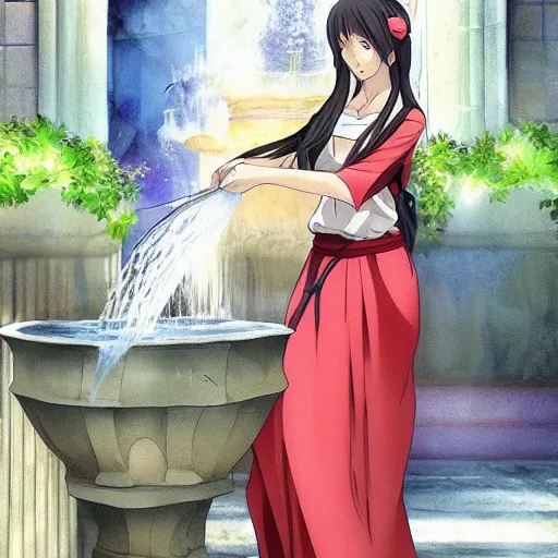 Prompt: an anime waifu in a greek attire pouring water out of a vase into a fountain, spanish ghibli alleyway