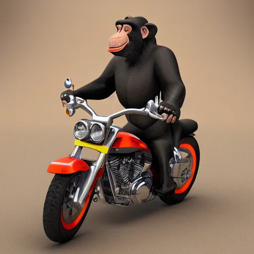 Prompt: 3d model of chimp driving a Harley Davidson holding a banana, unreal engine 5, hdr, 8k, high resolution,