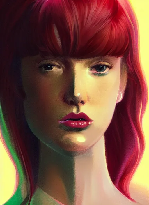 Image similar to full body portrait of teenage cheryl blossom, bangs, green eyes, sultry expression, red hair, sultry smirk, bangs and wavy hair, pink skirt, bangs, intricate, elegant, glowing lights, highly detailed, digital painting, artstation, concept art, smooth, sharp focus, illustration, art by wlop, mars ravelo and greg rutkowski