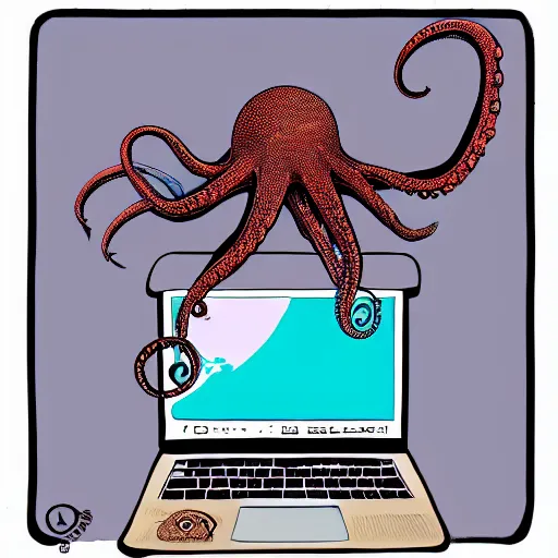Prompt: Speculative evolution paleoart of laptop computer being used by an octopus in the style of Emily Willoughby
