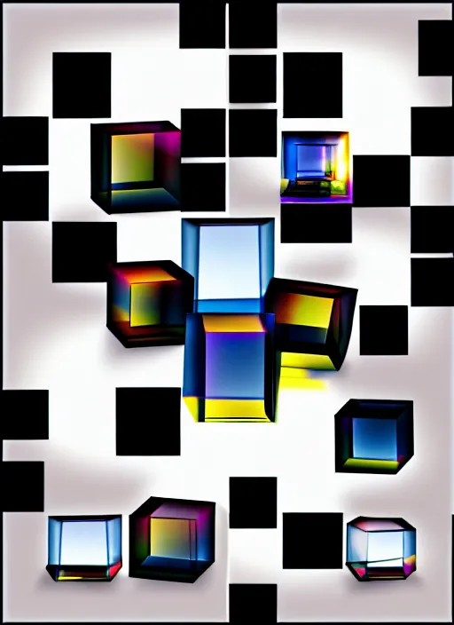 Image similar to grid montage of optica with cube shaped lens, square shaped black cubes, cube shaped, detailed colored textures, lashes, advanced art, art styles mix, wet reflections in square cubes, sunshine light, hd macro photograph, from side, various eyelid positions