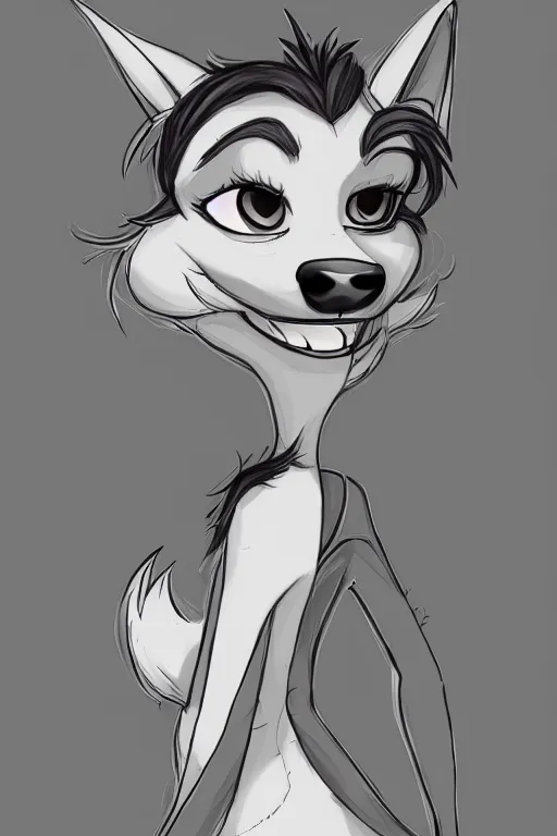 Image similar to drawing of anthromorphic female wolf, in style of cory loftis, female fursona, furry, furaffinity, 4 k, deviantart, furry art, fursona art, wearing black business suit, business suit, in style of zootopia, wolf fursona, cyberpunk, female, very expressive detailed feminine face,