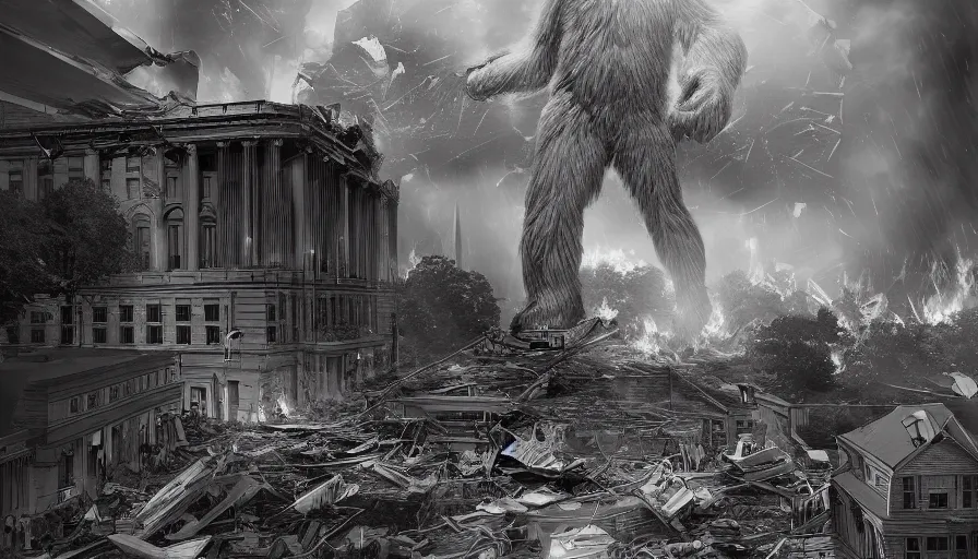 Prompt: giant bigfoot destroying washington dc, debris, collapsed buildings, burning white house, hyperdetailed, artstation, cgsociety, 8 k