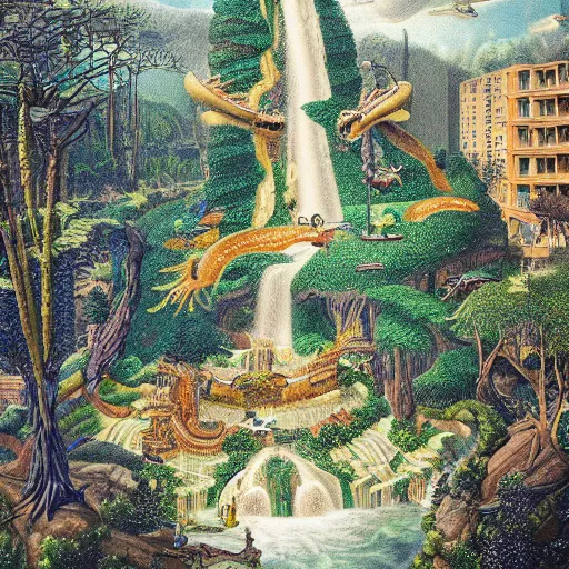 Image similar to hyperrealistic galactic spring city height viper waterfalls hatchback spruce tree , by Juan Giménez and Maria Sibylla Merian and Sydney Prior Hall , 20 megapixels , surrealist , Art on Instagram