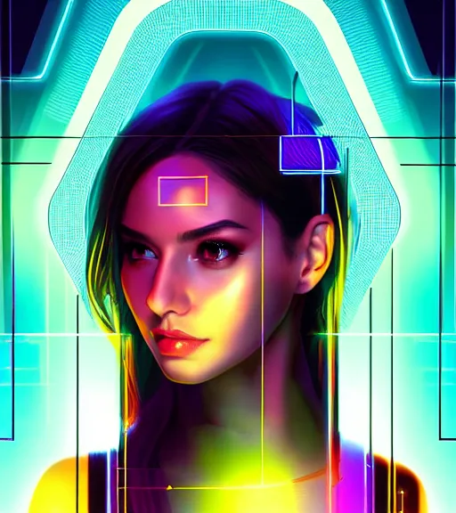 Image similar to symmetry!! latin princess of technology, solid cube of light, hard edges, product render retro - futuristic poster scifi, lasers and neon circuits, beautiful woman latin princess, intricate, elegant, highly detailed, digital painting, artstation, concept art, smooth, sharp focus, illustration, dreamlike, art by artgerm