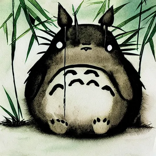 Image similar to “totoro surrounded by bamboo, ink wash painting”