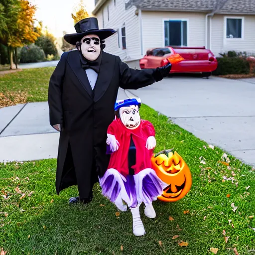 Image similar to danny devito trick or treating, ( sony a 7 r iv, symmetric balance, polarizing filter, photolab, lightroom, 4 k, dolby vision, photography awardm, voque, perfect face )