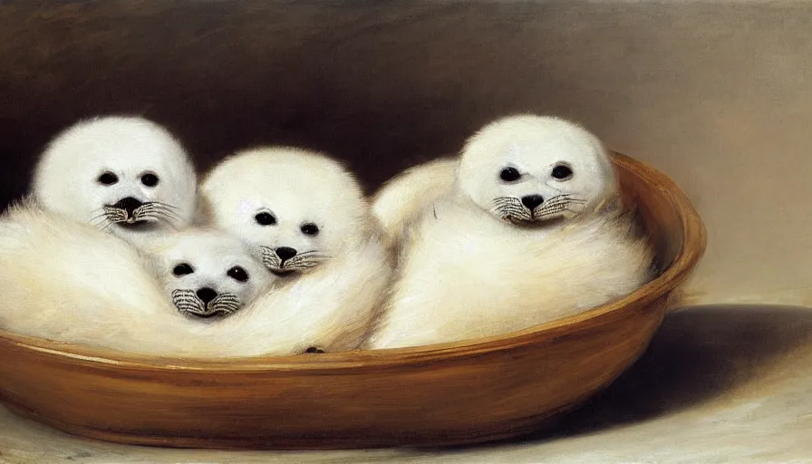 Prompt: highly detailed painting of cute furry white baby seals cuddling up in a fruit bowl with ice by william turner, thick brush strokes and visible paint layers, 4 k resolution