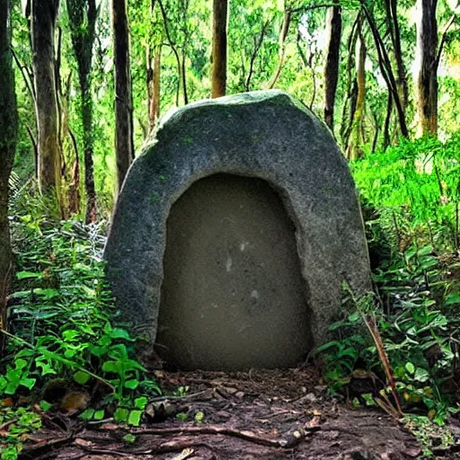 Prompt: mysterious stone portal in australian woodland,, leading to unknown destination. camera phone picture. ultra realistic.