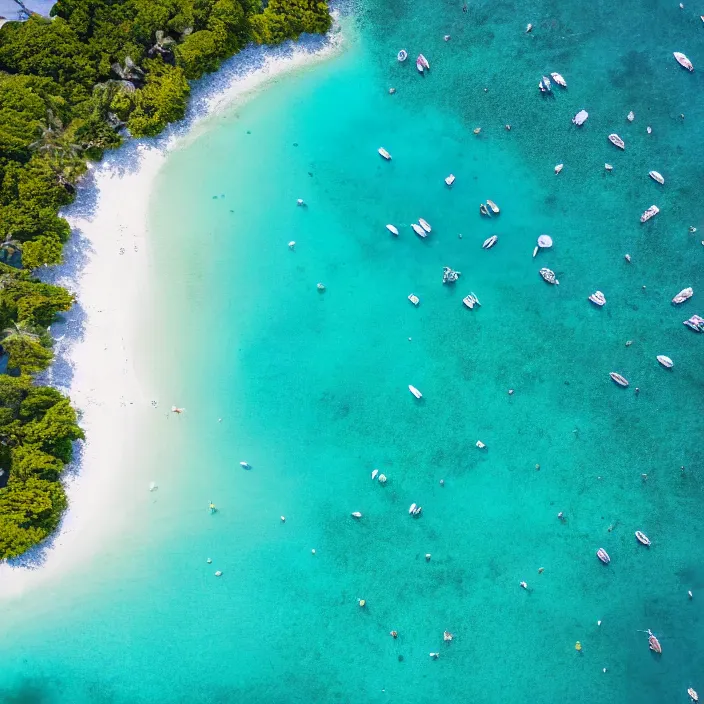 Image similar to an aerial perspective of a crystal clear bay, beach, turquoise ocean, yachts anchored in the bay, photo - realistic, highly detailed, calm, serene