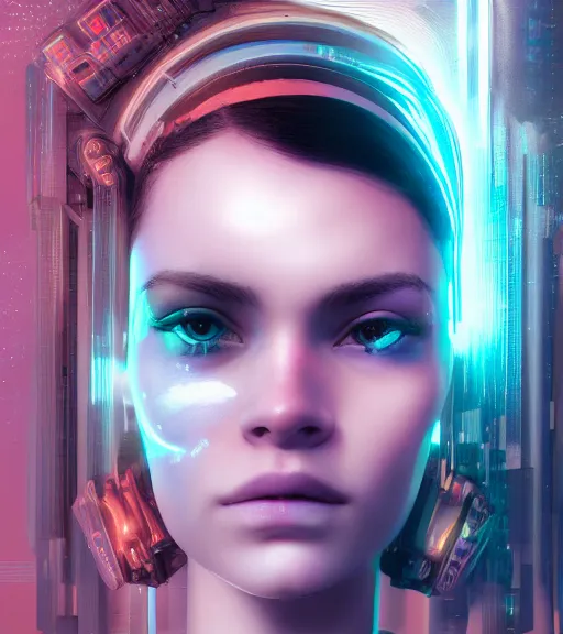 Prompt: vaporwave cyborg girl portrait detailed rendering realistic 3d hd key visual official media with frank Miller Alex Ross giger style trending