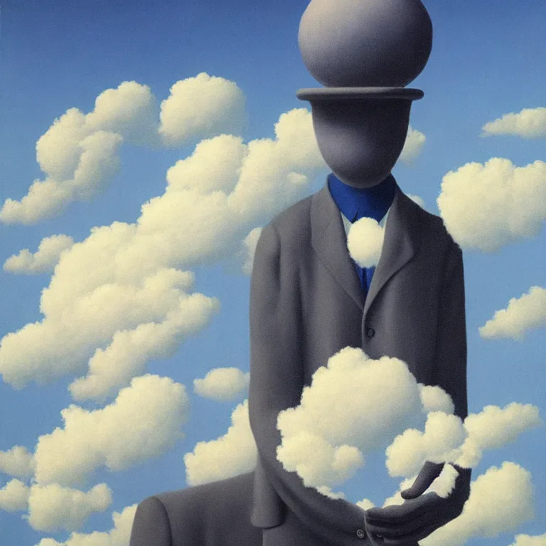 Image similar to cloud - man, by rene magritte, centered, detailed painting, hd, hq, high resolution, high detail, 4 k, 8 k