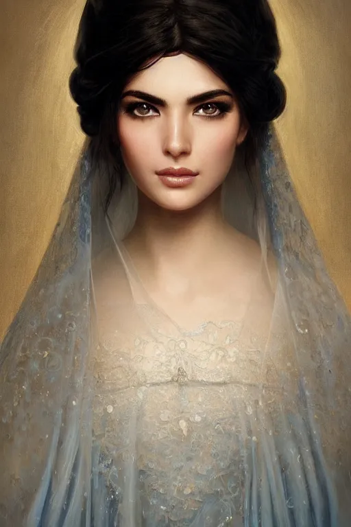 Image similar to ameera al taweel, bright blue eyes, long wavy black hair, white veil, front closeup, cinnamon #b57e59 skin color, elegant, highly detailed, centered, oil painting, artstation, concept art by tom bagshaw