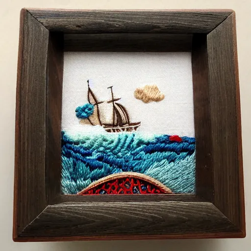 Prompt: a tiny beautiful handmade embroidery of a pirate ship sinking into a stormy ocean. hand embroidery.