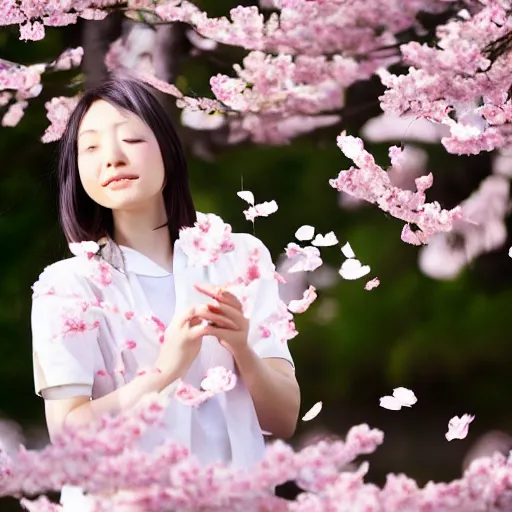 Image similar to a beautiful young Japanese girl, surrounded by sakura petals blowing in the wind, aesthetic!!!, beautiful!!!