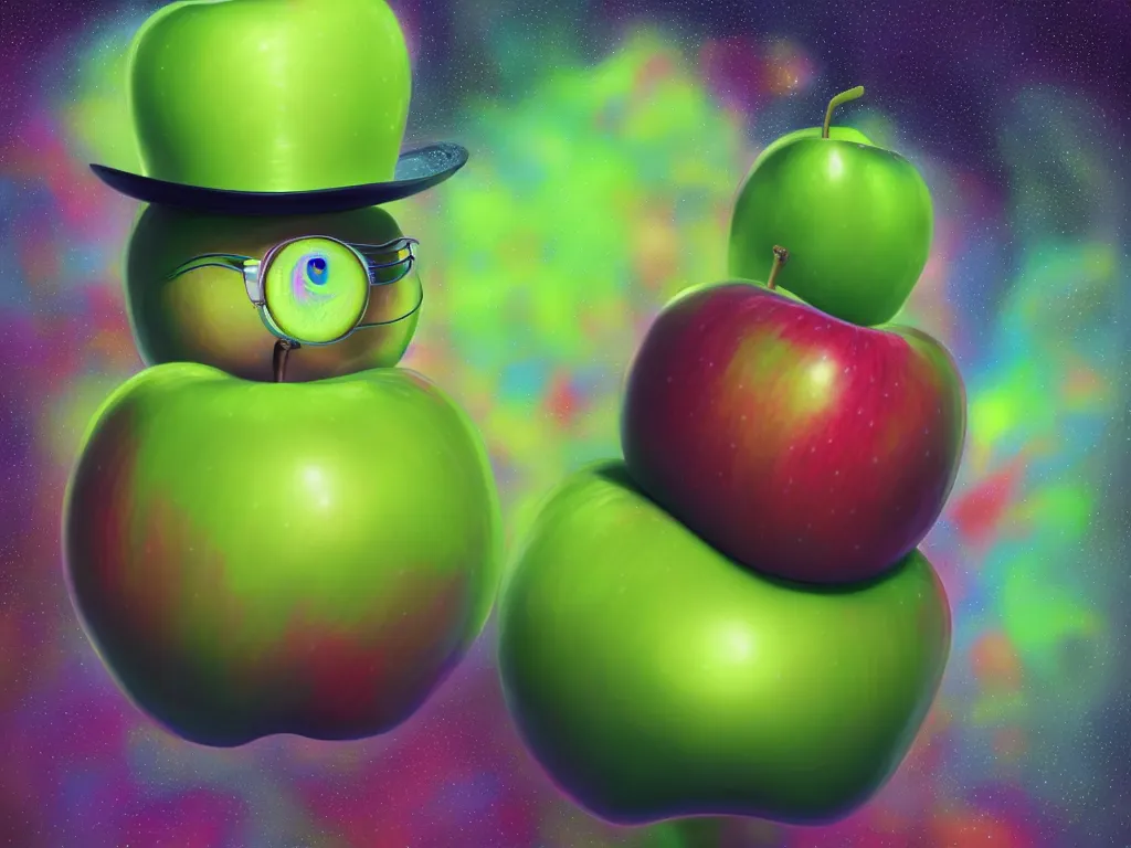 Image similar to Psychedelic portrait of a Granny Smith apple with google eyes floating in space wearing a top hat , volumetric lighting, artstation, digital painting, very high detail, hyperrealistic, vivid color