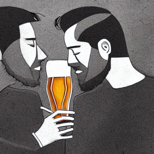 Image similar to two beautiful men drinking beer, red hearts, sadness, dark ambiance, concept by Godfrey Blow, featured on deviantart, drawing, sots art, lyco art, artwork, photoillustration, poster art