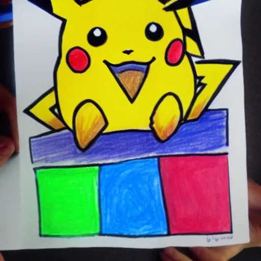 Prompt: kids crayon drawing of Pikachu on paper