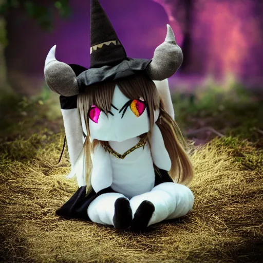 Prompt: cute fumo plush of a ram girl casting a summoning spell, witch, focus, horns, bokeh, vray