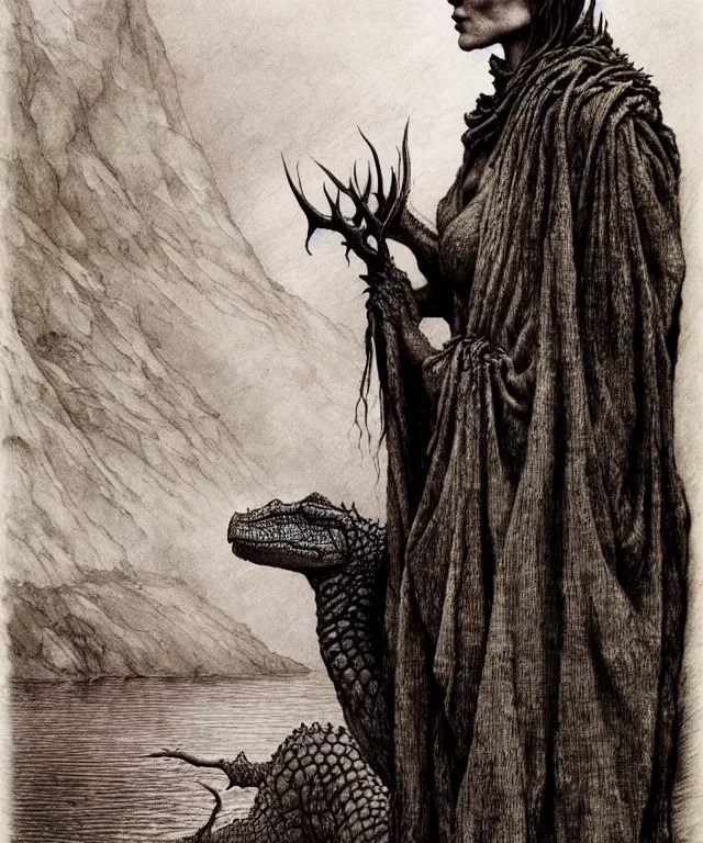Image similar to A detailed horned crocodilewoman stands near the river. Wearing a ripped mantle, robe. Perfect faces, extremely high details, realistic, fantasy art, solo, masterpiece, art by Zdzisław Beksiński, Arthur Rackham, Dariusz Zawadzki