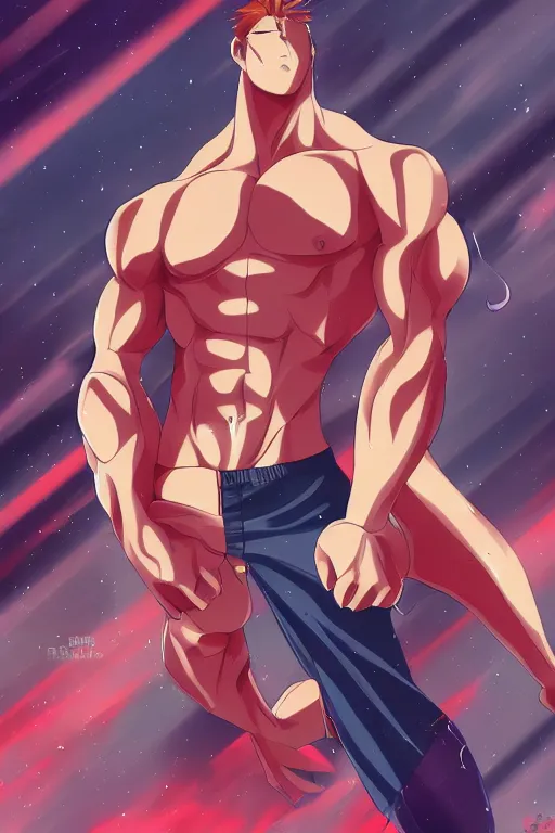 Prompt: anime man, gigantic, colossal, tremendous, humongous, massive, stupendous, hunky, muscular, cute, gorgeous, handsome, adorable, tall male model, anime illustration, vibrant colors, extreme angle, muscle definition, soft shading