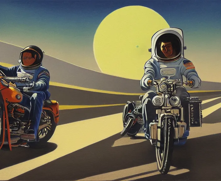 Image similar to a very detailed painting of a astronaut wearing a suit, riding a motorbike down a street, harley davidson motorbike, worm's - eye view, very fine brush strokes, very aesthetic, very futuristic, in the style of edward hopper and grant wood and syd mead, 4 k,