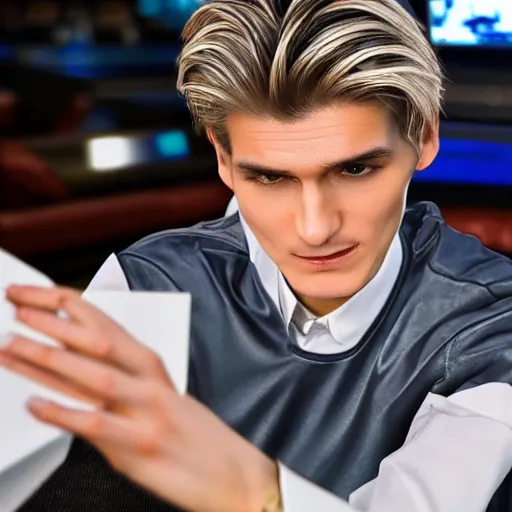 Image similar to a high quality photo of handsome gigachad XQC gambling, photorealism, 8k, artstation