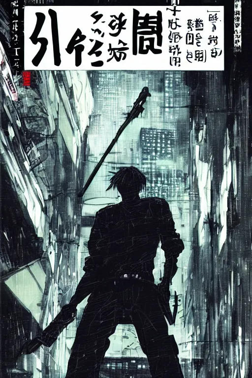 Prompt: professionally drawn seinen mature cyberpunk detective horror action manga comic cover about assassins, angels, jurassic park, full color, beautifully drawn coherent professional, drawn by ilya kuvshinov, ilya kuvshinov, satoshi kon and tsutomu nihei. japanese script kanji hiragana on the cover. simplistic minimalist stylized cover art.