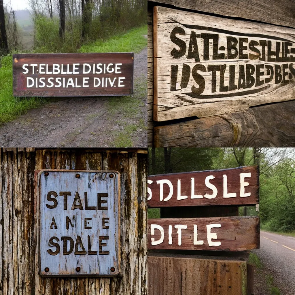 Prompt: A rustic wooden sign along the side of the road that reads, \'Stable Diffusion 5 Miles.\'