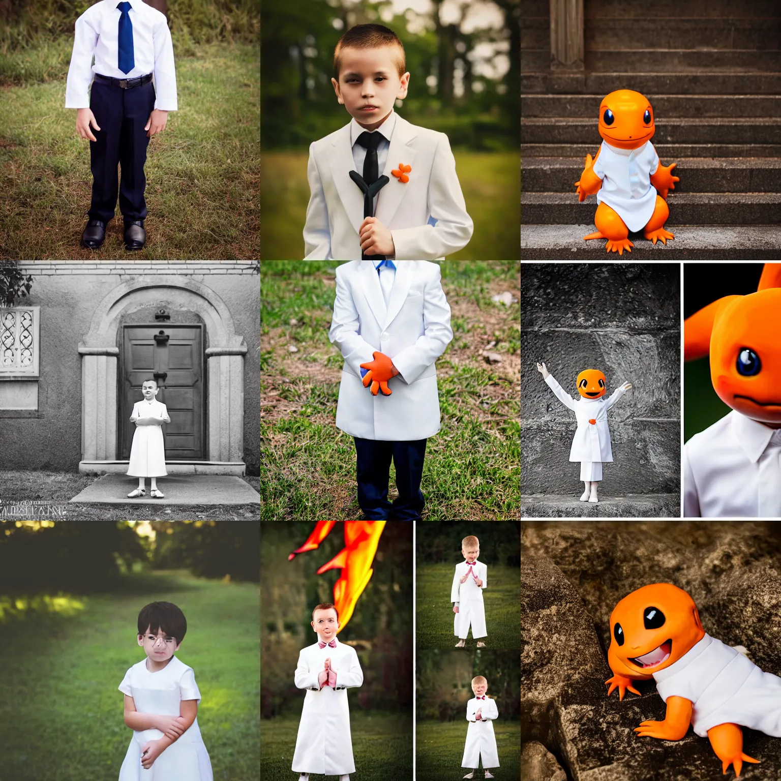 Prompt: charmander in his first communion, professional shoot