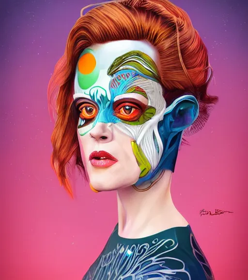 Image similar to beautiful female character inspired by venice carnival and pop art sigourney weaver | | digital artwork made by greg rutswork, anna dittmann and lois van barlee, symmetrical, anatomically correct