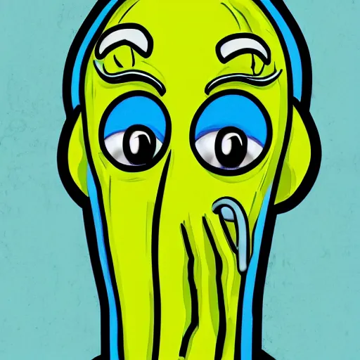 Image similar to handsome squidward portrait, realistic, pop art, vivid colors, face, nose, eyes