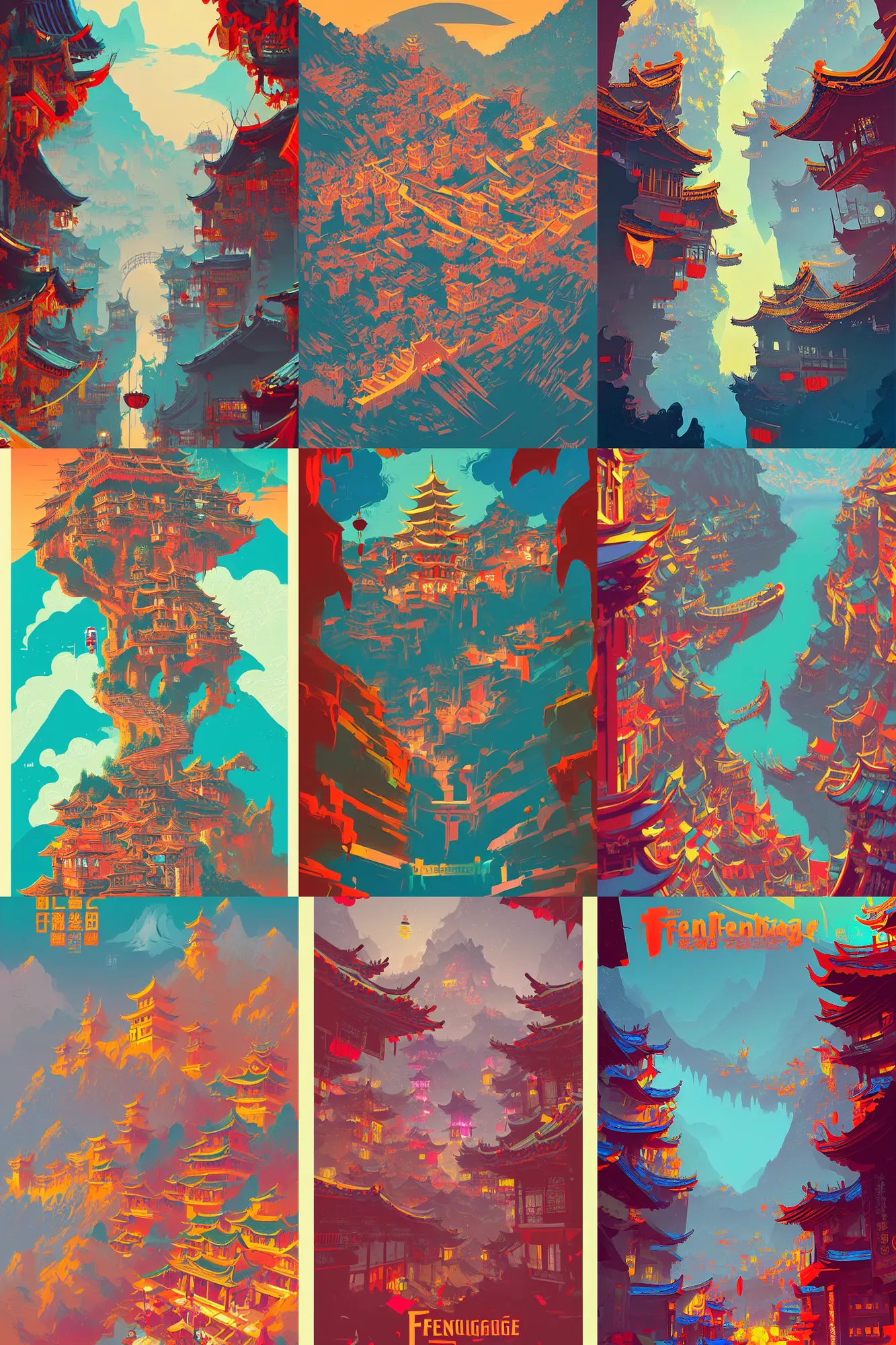Prompt: Travel poster for Fenghuang, China by Anton Fadeev