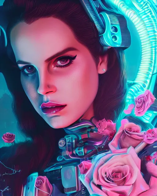 Image similar to portrait of lana del rey as a cyberpunk cyborg. sci - fi intricate abstract upper body intricate artwork, roses, rose petals by tooth wu, wlop, beeple, dan mumford. concept art, octane render, trending on artstation, greg rutkowski, asymmetrical, cinematic arthouse, key art, hyper realism, iridescent accents